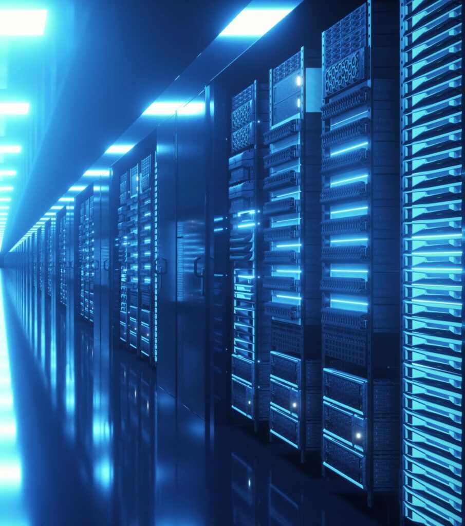 Data center with endless servers. Network and information servers behind glass panels. Cloud computing data storage. 4K hi...